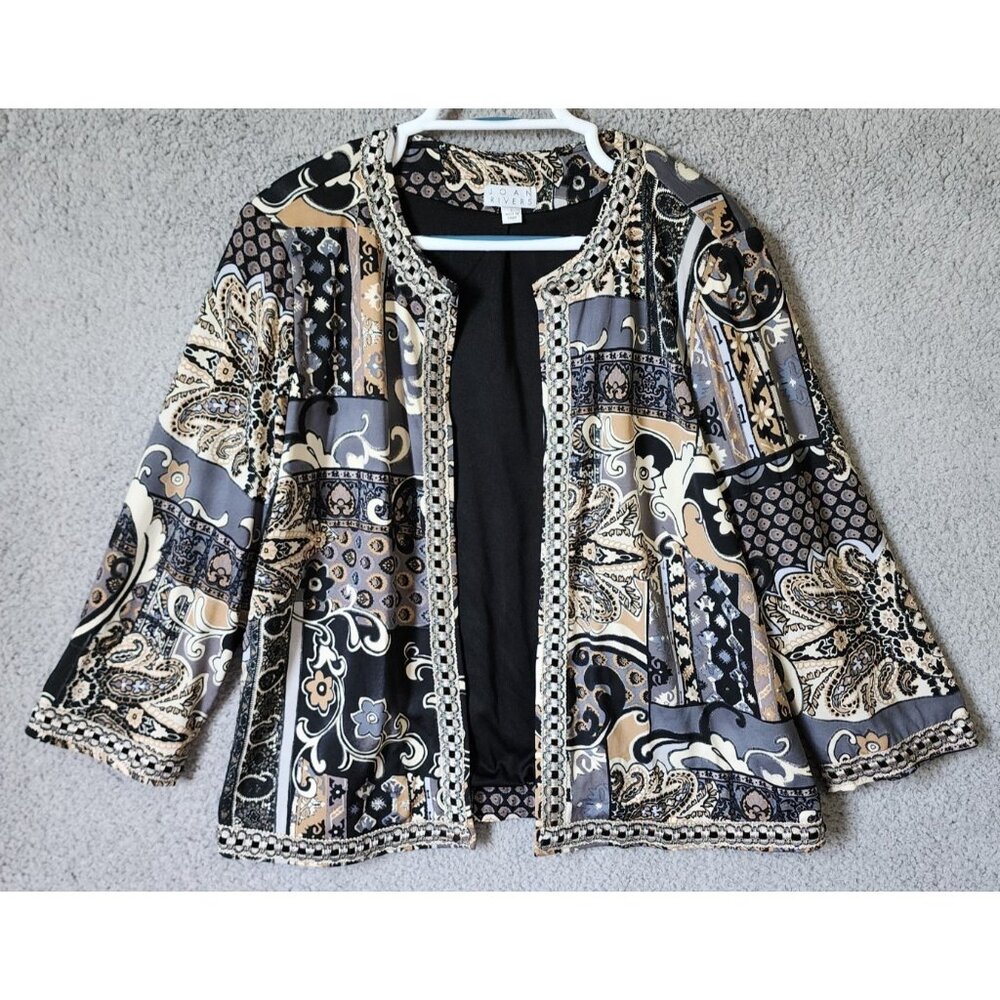 Joan Rivers Women's Size L Swing Open‎ Front Jacket 3/4 Sleeve Embroidered Hem